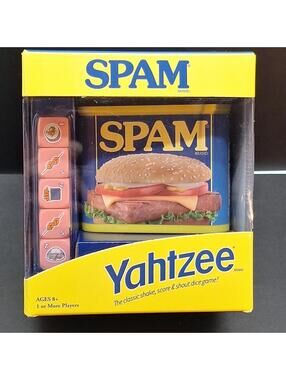 YAHTZEE: SPAM Brand Edition Dice Game Yellow And Blue Ages 8+ 1 Or More Players